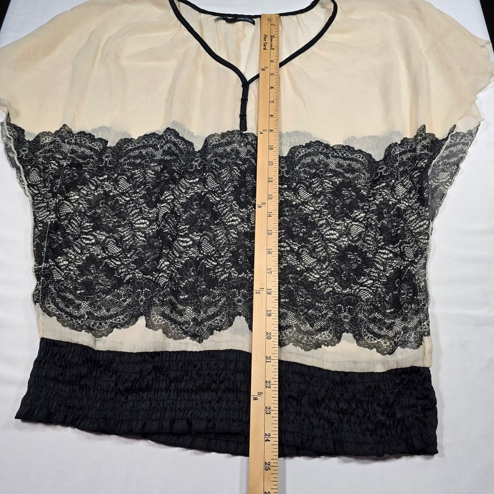 Maurices Womens Medium Cream Black Lace Chiffon Smocked Hem V-Neck Blouse Top - Picture 5 of 8